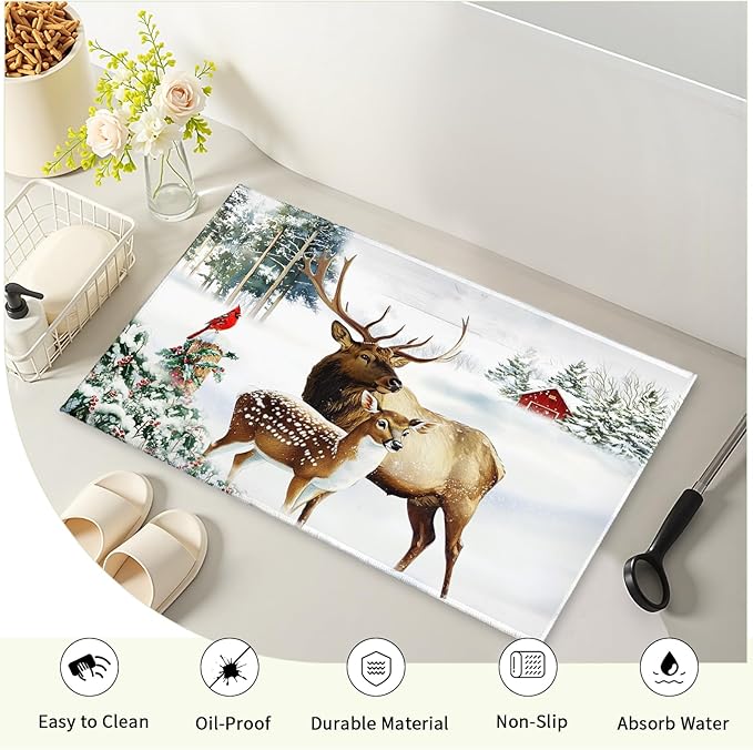 32x20in Winter Deers Bathroom Rug- Xmas Tree Red Bird Berries Bath Mats- Rustic Elk Moose Snow Cottage Non-Slip Holiday Seasonal Bath Rugs for Shower Room Bathtub Sink Bedside