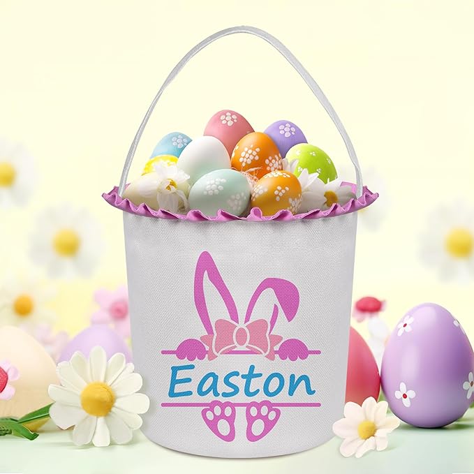 Easter Baskets for Girls Boys, Personalized Easter Basket with Name - Pink Bow Bunny