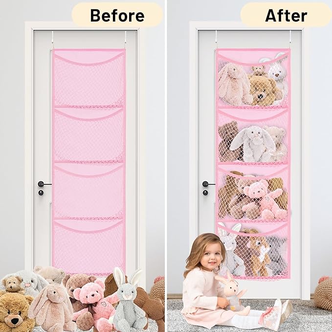Over The Door Stuffed Animal Storage, Cotton Toy Organizer for Storage Plush Toys,Baby Supplies, Stuffed Animal Holder with 4 Large Pockets, Hanging Door Organizer for Nursery, Bedroom (Pink)