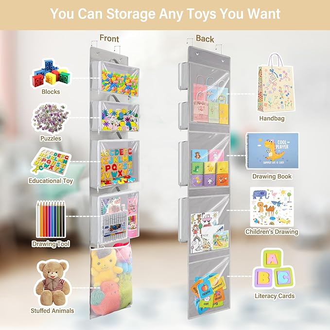 Hanging Toy Storage over Door, Block Stuffed Animal Organizer Idea with 4 Removable Case Bag, Bi-Fold Closet Holder with Mesh Pocket for Kid Boy Girl