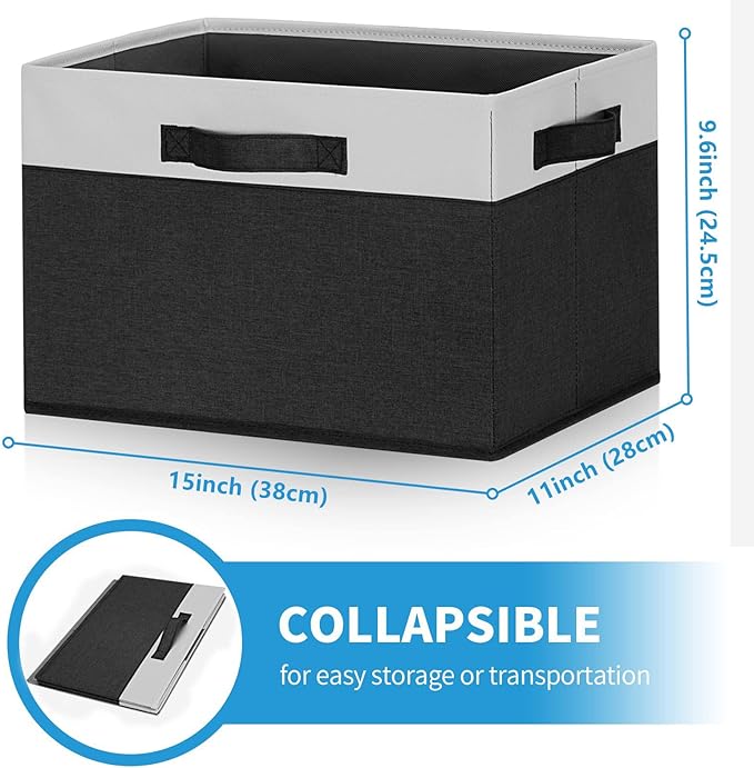 GhvyenntteS Large Storage Baskets for Shelves 6 Pack, Collapsible Fabric Storage Bins with 3 Handles, Decorative Closet Organizers and Storage bins for Clothes Blanket Beddings (Black, 15"x11"x9.6")