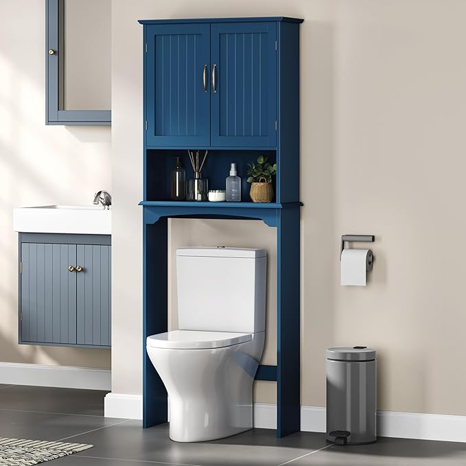 Topeakmart Over The Toilet Storage Cabinet, Organizer with Double Doors and Inner Adjustable Shelf and Lower Open Shelf for Bathroom Laundry, 66 in H, Navy Blue