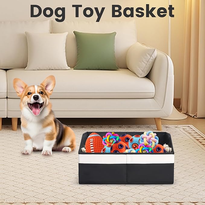 Large Dog Toy Basket With Handle, Foldable Dog Toy Box for Living Room Area, 20" Basket for Dogs Toys, Clothes, Organizers and Storage with Hard Board, Anti-slip for Pet Toys (Black, Medium)