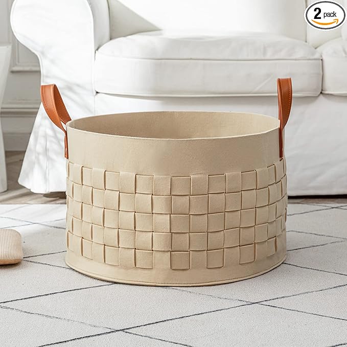 Blanket Basket, BOLDMONKEY 20"x 20"x13" XXLarge Woven Felt Laundry Baskets with Handle Nursery Storage Living Room Round for Toy, Clothes, Kids, Bedroom(Khaki)