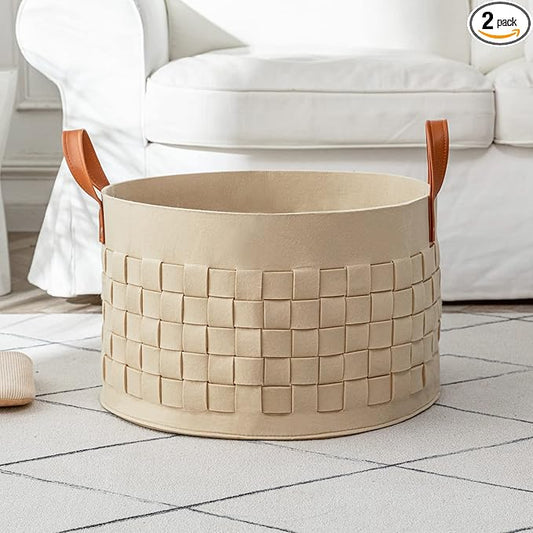 Blanket Basket, BOLDMONKEY 20"x 20"x13" XXLarge Woven Felt Laundry Baskets with Handle Nursery Storage Living Room Round for Toy, Clothes, Kids, Bedroom(Khaki)
