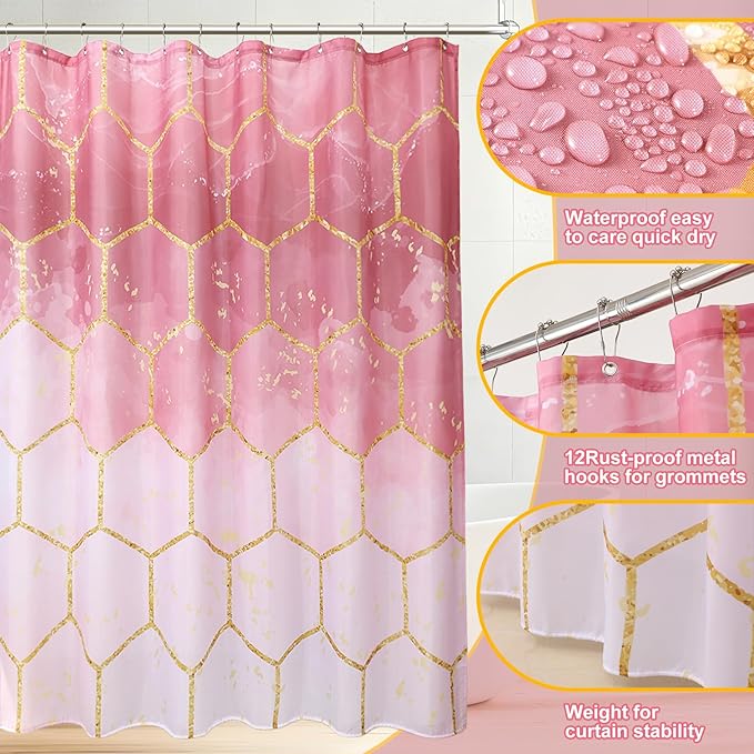 25 Pieces Bathroom Set Pink and Gold Bathroom Accessories Set, Shower Curtain and Rugs, Trash Can, Toilet Brush, Soap Dispenser, Soap Dish, Toothbrush Holder, Tumbler, Tray, Qtip Holder for Home Decor
