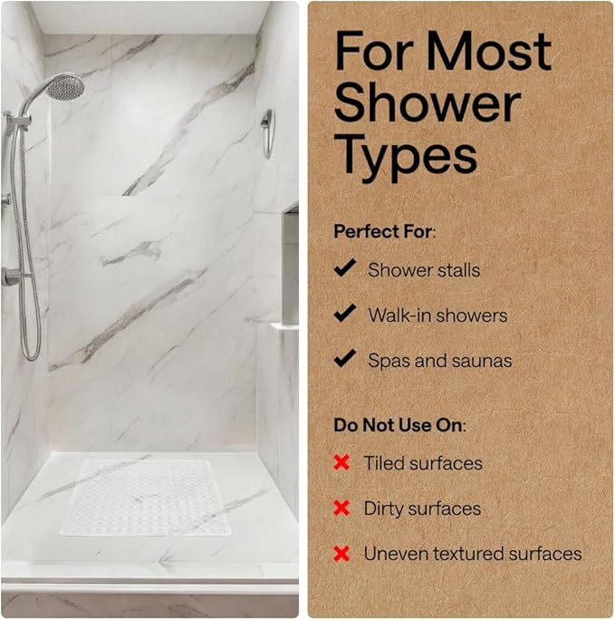 GORILLA GRIP Patented Square Shower Stall Mat, Small Bathtub Floor Mats for Stand Up Showers with Suction Cups and Drainage Holes, Machine Wash, Soft on Feet, Bathroom Accessories 21x21 Inch, White