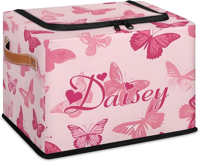Custom Cute Butterfly Storage-Bin With Zipper Lid for Kids-Girls-Boys-Baby-Pet,Personalized Name Foldable Storage Box with Handle,Baby Basket With Label for Bedroom Nursery Toy Clothes,Pink