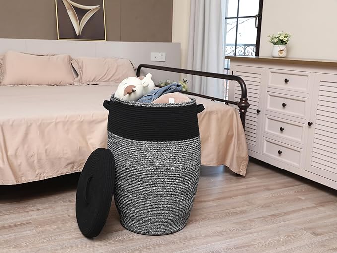 26" x 20" Handcrafted Tall Cotton Rope Basket with Lid, Stylish Flagon Shape with Cover, Clothes Hamper with Top, for Bedroom and Living Room, Black in Black Light Grey Mix
