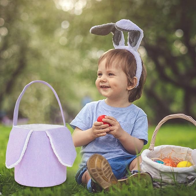 Easter Bunny Basket, Cute Easter Bucket Bags with Rabbit Ears for Easter Eggs Hunting, Plush Easter Bunny Basket, Easter Tote Bags for Candy Storage Decorations (Purple)