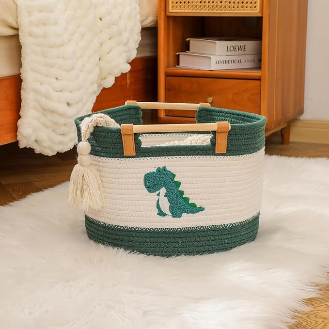 Large Blanket Basket 35L Cotton Rope Basket with Wooden Handles Woven Baskets for Kids Stuffed Animal Toys Storage for Nursery, Laundry Hamper Clothes Baby Hamper Boys Gift Basket Empty, (Dinosaur ）