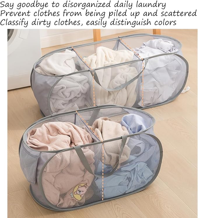 Mesh Laundry Hamper Basket, Sturdy 3 Compartments Laundry Basket, Foldable Pop up Laundry Hamper with Side Pocket for Laundry Room, Bathroom, Kids Room, College Dorm or Travel, White