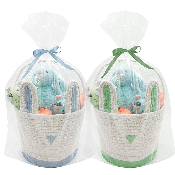 2 Pack Large Woven Easter Baskets for Kids - Boy & Girl Options, Empty Basket with Gift Bags and Ribbons Cute Easter Decorations Bunny Ears Designs (Blue+Green)