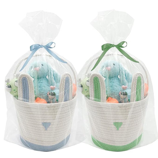2 Pack Large Woven Easter Baskets for Kids - Boy & Girl Options, Empty Basket with Gift Bags and Ribbons Cute Easter Decorations Bunny Ears Designs (Blue+Green)