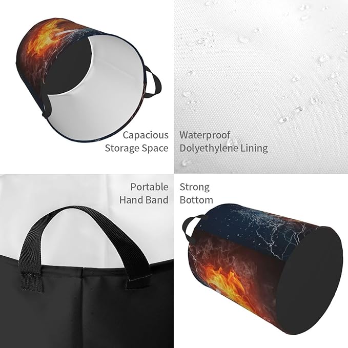 American Football Ball In Fire And Water Round Laundry Hamper Sport Rugby Storage Basket Toys Clothes Organizer Bin For Home Bathroom Bedroom Dorm Nursery, 38l
