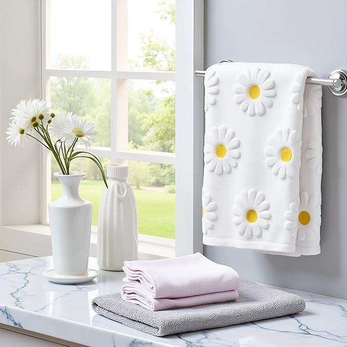 2pcs Daisy Hand Towels for Bathroom Decorative Towels Set 100% Cotton White Jacquard Spring Summer Floral Bath Towels Dish Kitchen Towels Kitchen Bathroom Decor Gift(Daisy White)