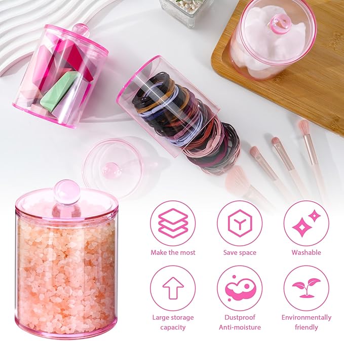 2 Pack Qtip Holder,Canister Apothecary Jar Set, Bathroom Jars with Lids Set for Cotton Swabs, Balls, Pads, Floss Picks,10oz-12oz Plastic Canisters Restroom Bedroom Vanity Organizer(Pink)