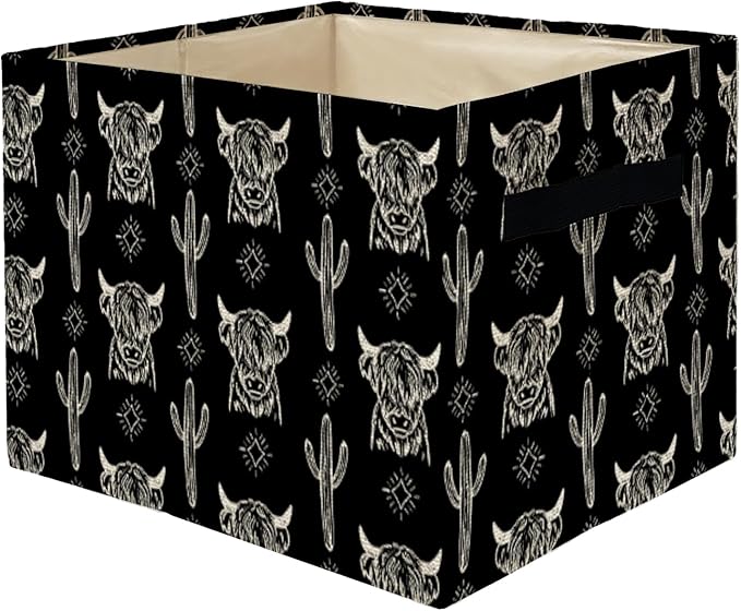 Highland Cow Western Storage Bins Box, Toybox for Boys Girls, Vintage Western Cactus Cow Foldable Storage Baskets Organizer for Bedroom Bathroom Kids Room Dorm Clothes Toys Books
