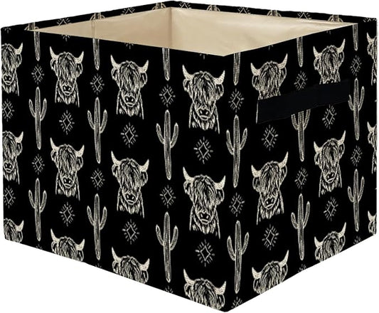 Highland Cow Western Storage Bins Box, Toybox for Boys Girls, Vintage Western Cactus Cow Foldable Storage Baskets Organizer for Bedroom Bathroom Kids Room Dorm Clothes Toys Books