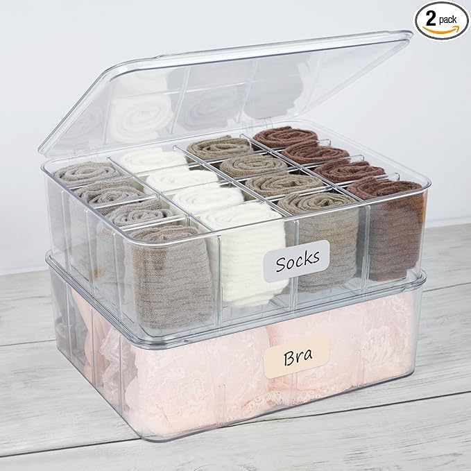 2-Pack Acrylic Sock and Underwear Organizer with Blank Label, Clear Plastic Organization and Storage Bins with Lid and Removable Dividers, Storage Box for Closet