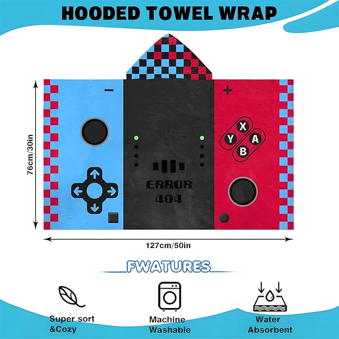 Hooded Towels for Kids -Toddler Beach Towel- Super Absorbent & Quick Dry 100% Cotton 30x50 Inch - to Kid Ages 3-10-Video Game/Gaming Pattern Design