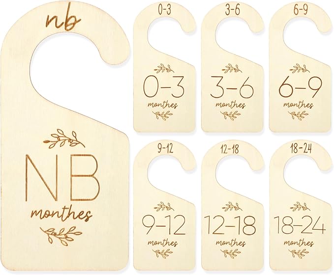 TIESOME 7 Pcs Baby Closet Size Dividers, Wooden Double-Sided Baby Clothes Separators for Closet for Newborn to 24 Months, Easy to Read Size Tabs for Nursery Closets Organization, Cute Hanger Decor
