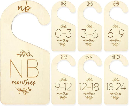 TIESOME 7 Pcs Baby Closet Size Dividers, Wooden Double-Sided Baby Clothes Separators for Closet for Newborn to 24 Months, Easy to Read Size Tabs for Nursery Closets Organization, Cute Hanger Decor