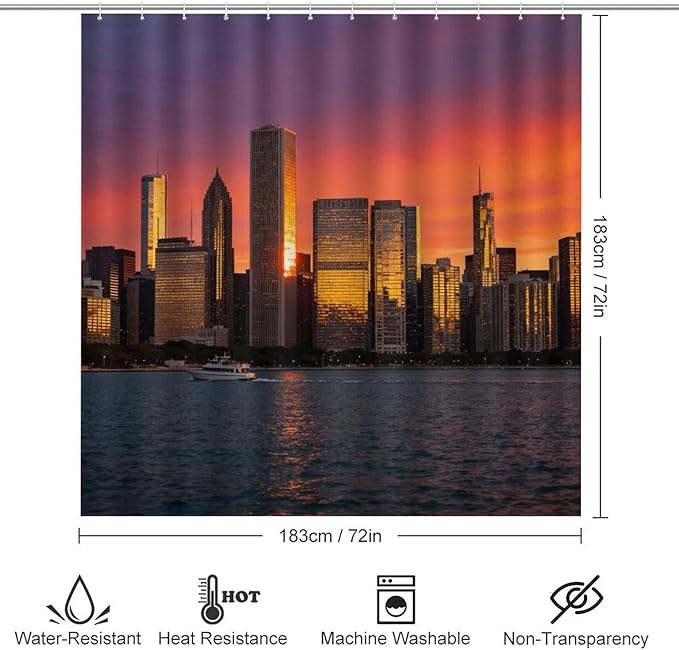4 Piece Bathroom Rug Set with Shower Curtain, Non-Slip Bath Mat Toilet Cover Set, Skyline Bathroom Rug Sets