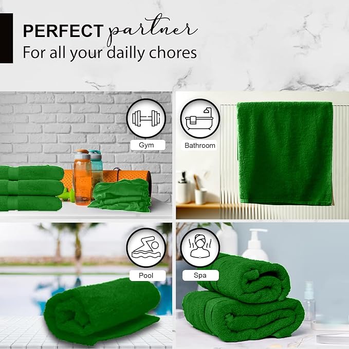 100% Cotton Bath Towels, 24x48 Pack of 6 Towels, Quick Dry, Highly Absorbent, Soft Feel Towel, Gym, Spa, Bathroom, Shower, Pool, Luxury Soft Towels (Dark Green, 24x48-6 Pack)