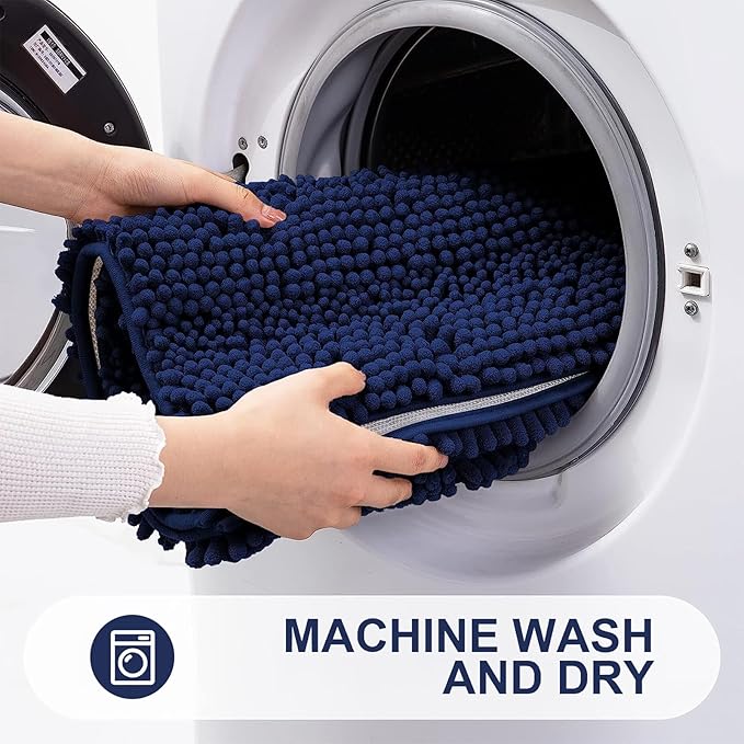 Grandaily Chenille Striped Toilet Rugs U-Shaped 24x20, Extra Soft and Absorbent Bathroom Rugs, Non-Slip Plush Shaggy Bath Rug, Machine Washable Contour Bath Mats for Toilet Base, Navy