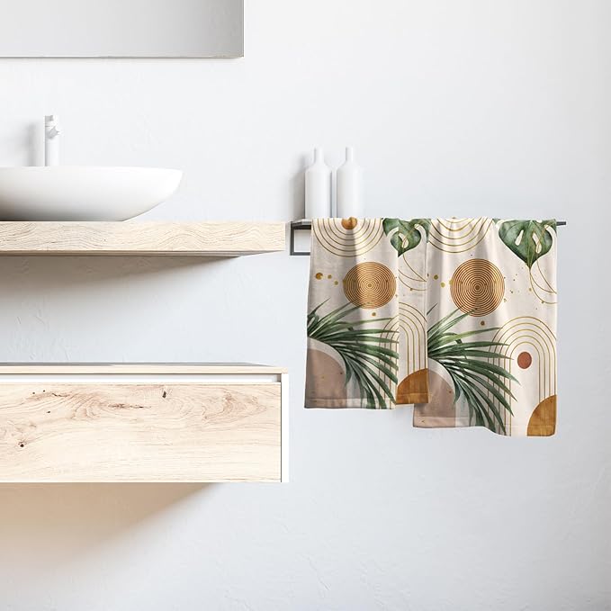 Abstract Boho Palm Leaves Hand Towels for Bathroom Set of 2 Vintage Bohemian Green Leaves Kitchen Towel Mid Century Decorative Fingertip Towel Soft Absorbent Dish Towel for Home Guest Gym Spa 14"x28"