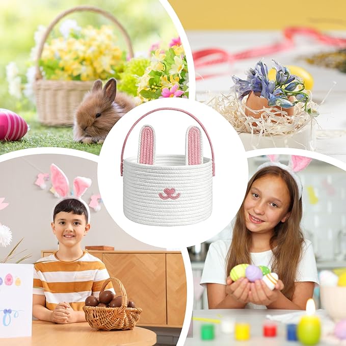 Woven Easter Basket - Cotton Rope Container, Easter Bunny Baskets with Handle for Boys Girls Candy Toys Snacks Party Holiday Spring Festival Gift Basket Kids Adults Decorative Storage Fun