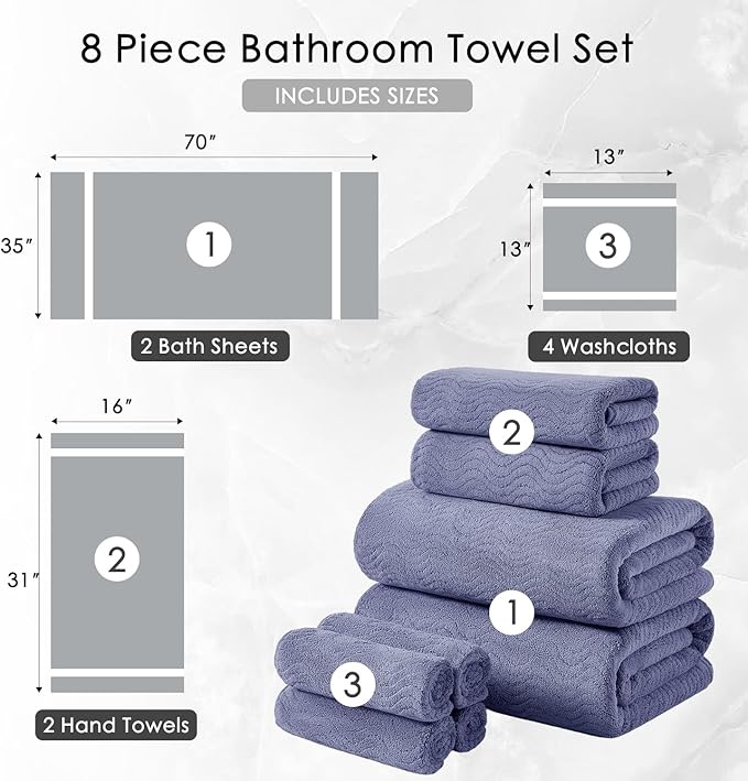8 Piece Bath Towel Set |2 Oversized Large Bath Sheet,2 Hand Towels,4 Washcloths| Ultra Soft Bath Towel Set for Bathroom Hotel Gym Spa,Highly Absorbent Quick Dry Bathroom Towel Collections,Wedgewood