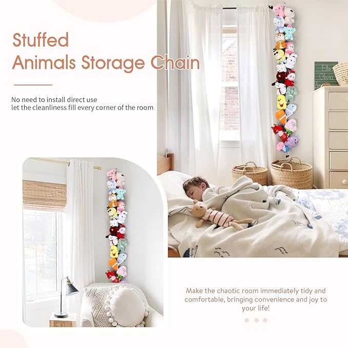 POVETIRE Stuffed Animal Storage Chain, 80 Inch Elastic Band Hanging Storage, White Cotton Stuffed Animal Display for Bedroom Nursery Corner Curtain Rod