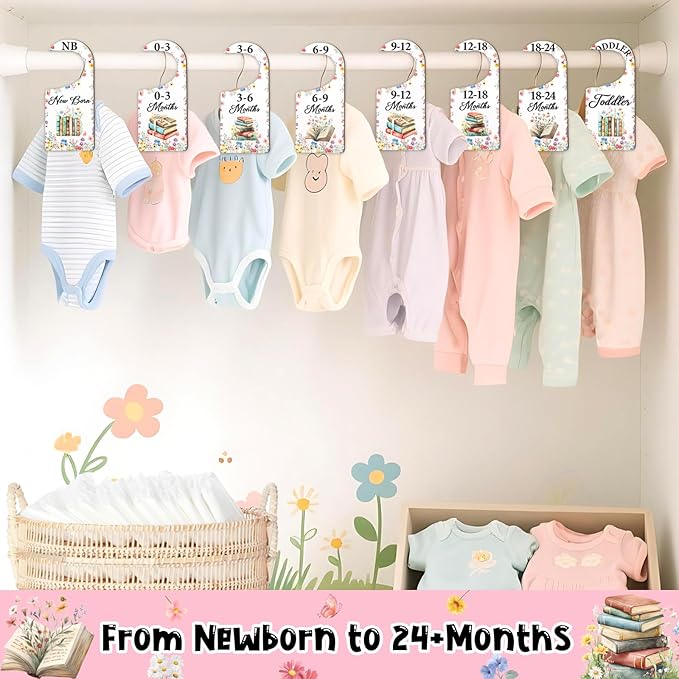 Baby Closet Dividers 8PCS, Storybook Themed Wooden Double-Sided Clothes Size Hanger/Organizer from Newborn to Toddler, Boho Wildflower Nursery Decor Baby Shower Birthday Party Gift