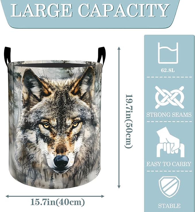 Majestic Realistic Wolf Laundry Basket, Dirty Collapsible Clothes Toy Organizer Hamper for Kids Adults, Oxford Cloth Waterproof Storage Bin for Bedroom Bathroom Forest Decor Gifts, 19.7"X15.7"