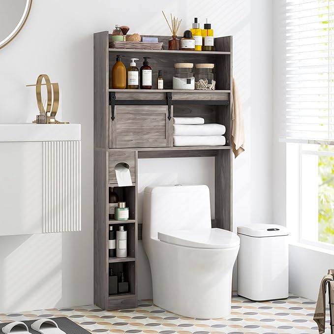 Giantex Over The Toilet Storage Cabinet, Farmhouse Space Saver with Sliding Door, Toilet Paper Holder, Side Hooks & Adjustable Shelves, Over Toilet Bathroom Organizer for Laundry, Restroom (Grey)