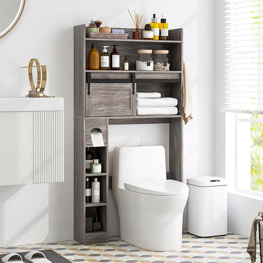 Giantex Over The Toilet Storage Cabinet, Farmhouse Space Saver with Sliding Door, Toilet Paper Holder, Side Hooks & Adjustable Shelves, Over Toilet Bathroom Organizer for Laundry, Restroom (Grey)