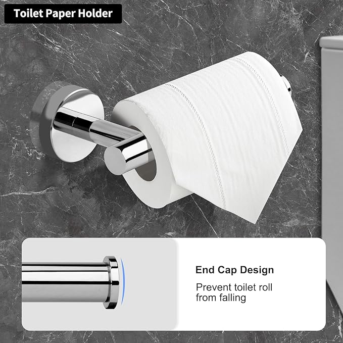 4-Piece Polished Chrome Bathroom Hardware Set - Toilet Paper Holder and Hand Towel Holder, Towel Ring Wall Mounted, Stainless Steel Accessories Set - Silver