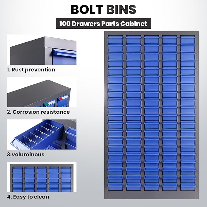100-Drawer Nut and Bolt Organizer, Small Parts Organizer with Alloy Steel Frame & ABS Drawers, Bolt Bin for Garage, Teacher Toolboxes, Makeup & Workshop, Tool Hardware Storage (100-grid Drawer)