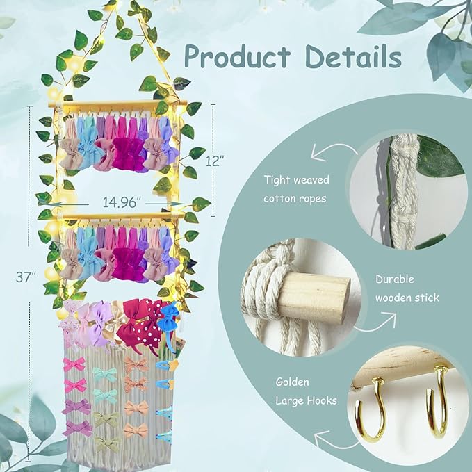 Bow Holder for Girls Hair Bows, Headband Holder for Girls, Hair Accessories Organizer Wall Hanging Organizer With LED String for Toddler