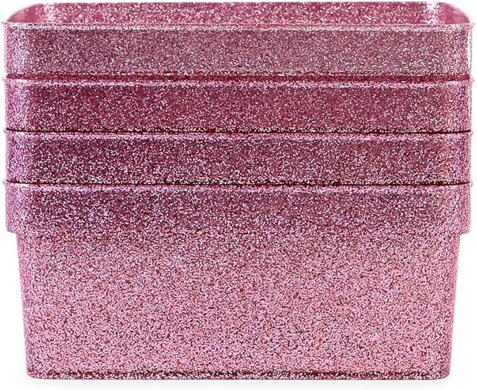 Isaac Jacobs Small Glitter Storage Bin (10” x 7.5” x 4.25”) Set w/Cut-Out Handles, Plastic Organizer, Multi-Functional, Home Storage Solution, Kids Playroom, Bedroom, Closet (4, Pink)