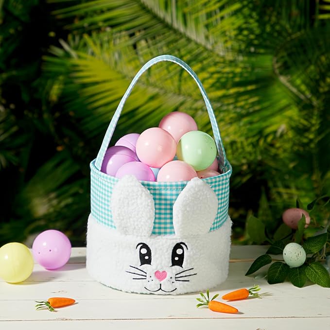 CHOIEO Plush Easter Baskets with Embroidered Bunny Face for Egg Hunts, Gifts, Toys and Spring Decor (Blue+Green)