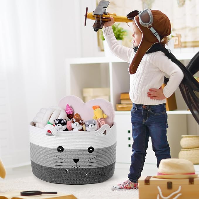 Zopeal Cat Basket Storage Woven Organizer with Ears Christmas Decorative Pet Toy Cute Cotton Rope Basket for Gift Cat Dog Toy Bin Nursery Room(21.7 x 13.8 Inch,White, Light Gray and Gray)
