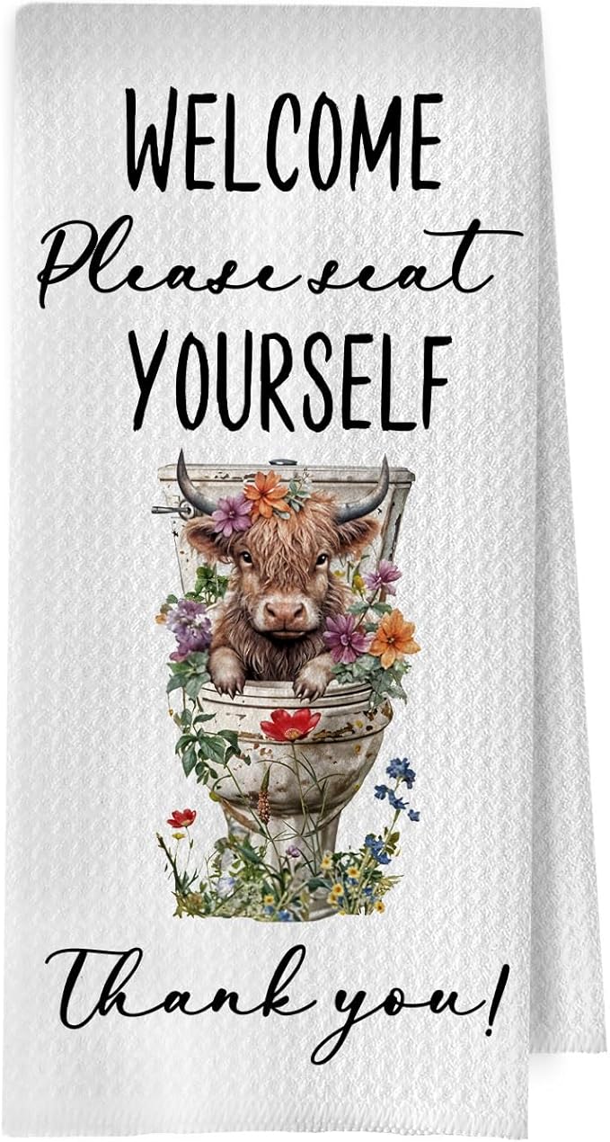 Highland Cow Bathroom Hand Towels 16x24 Inch, Highland Cow Bathroom Decor, Funny Farm Animal Hand Towels for Guest Bath Room Washroom Restroom Toilet