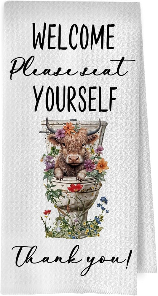Highland Cow Bathroom Hand Towels 16x24 Inch, Highland Cow Bathroom Decor, Funny Farm Animal Hand Towels for Guest Bath Room Washroom Restroom Toilet