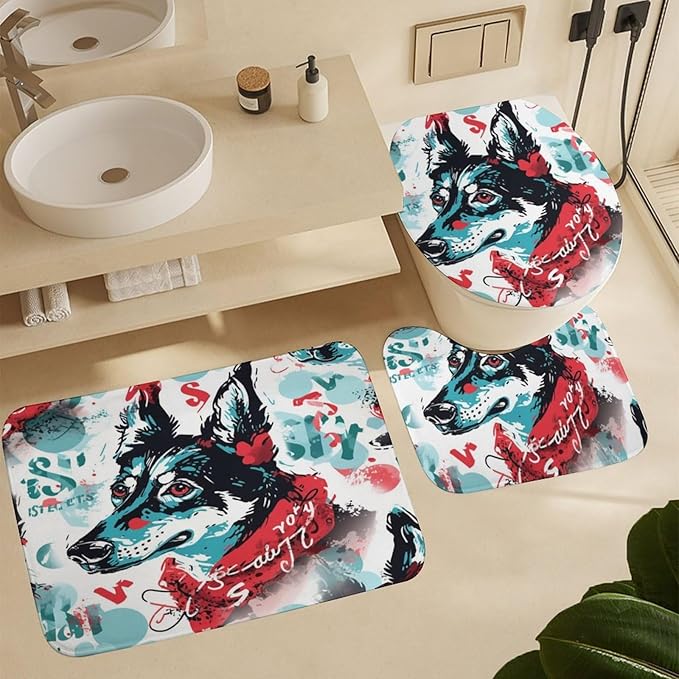 4 Piece Bathroom Rug Set with Shower Curtain Dog Pet Graphic Bathroom Shower Curtain Set with Rugs Dog Lovers Gift Bathroom Shower Curtains Sets for Bathtub Decor 72inch X 72inch
