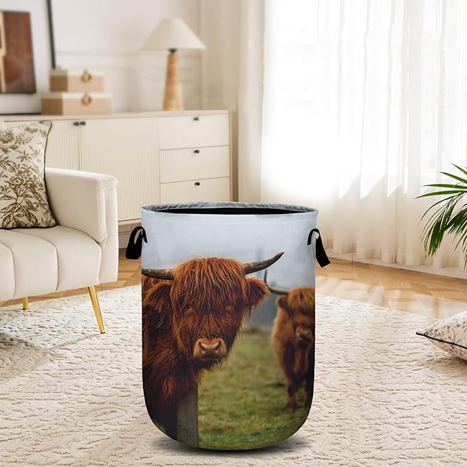 Highland Cow Laundry Basket, Laundry Hamper Collapsible Oxford Cloth with Handle Clothes Toy Storage Bin for Bathroom Laundry Room Bedroom 15.7 X 20 Inch