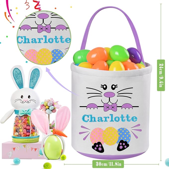 4 Pcs Personalized Easter Basket for Kids, VAPCUFF Easter Baskets for Boys Girls Easter Bunny Basket Easter Basket Bags Easter Gifts Baskets for Kids Easter Empty Basket Easter Egg Hunt Basket
