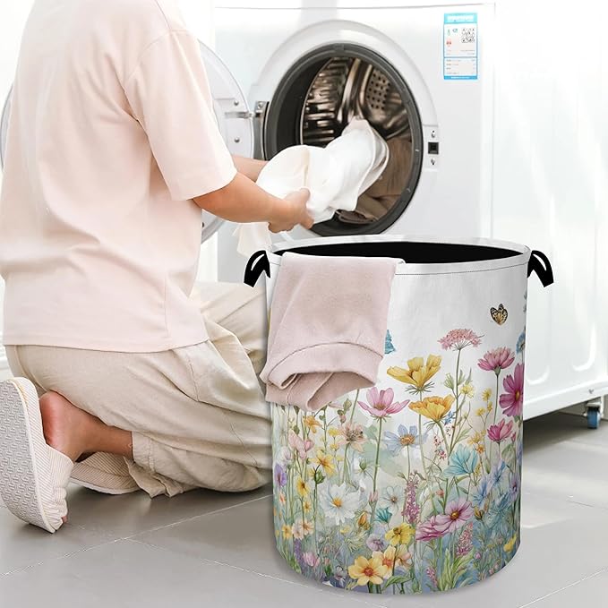 Wildflowers Laundry Basket,Garden Botanical Butterfly Oxford Cloth Laundry Hamper with Handle Foldable Portable Clothes Storage Basket for Bathroom Bedroom Dorm Room 16" x 20.8"